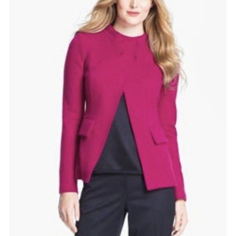 ST. JOHN Chic Magenta Felted Wool Knit Structures Jacket Blazer Sz 12 USA (J